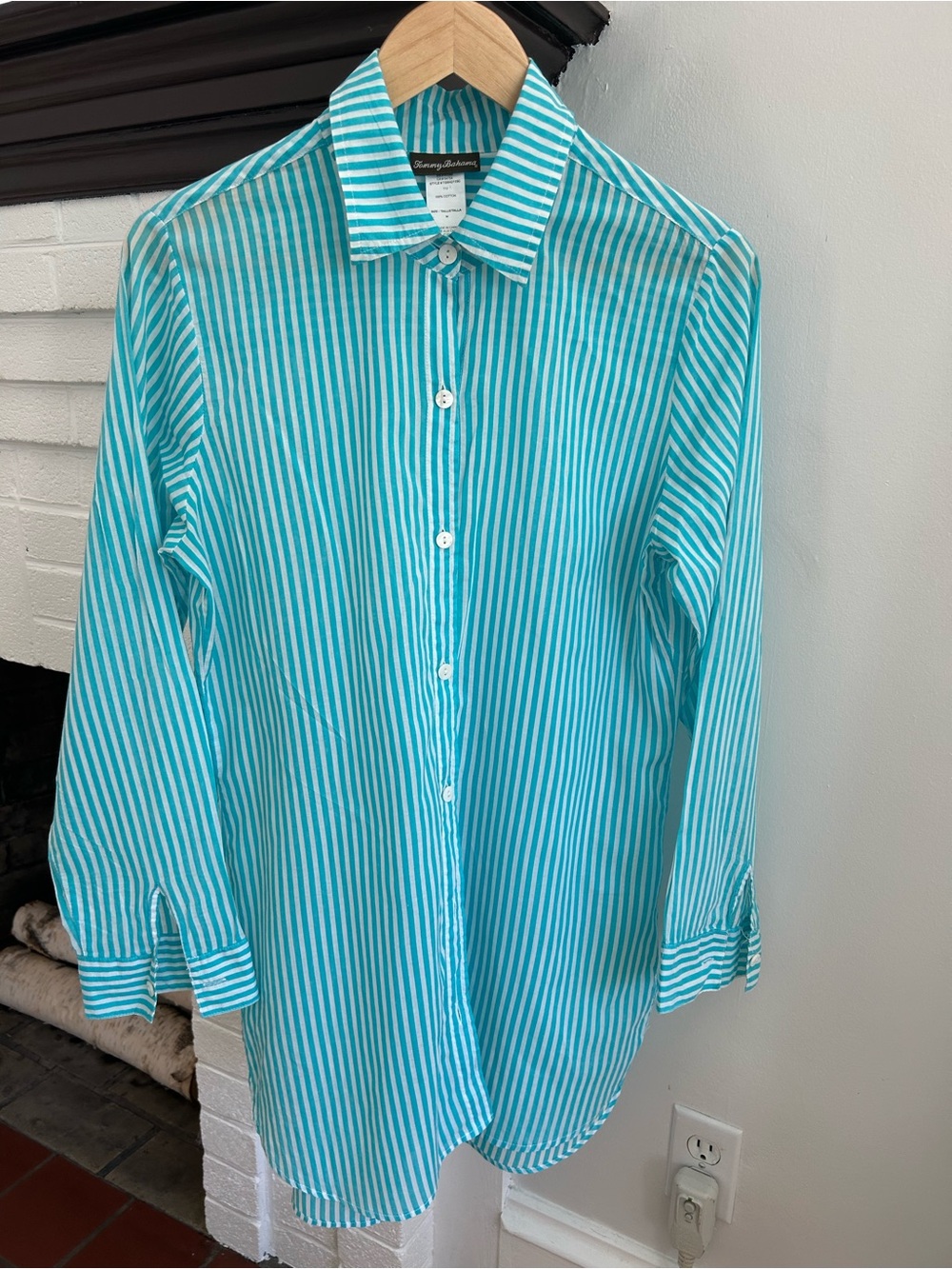 Tommy Bahamas Teal/Blue and White Striped Button-Up Tunic Shirt size M